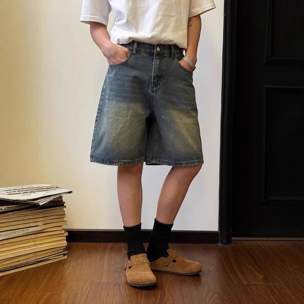 Men's Washed Vintage Denim Shorts Summer Lightweight Loose Fit High Street Casual Five-Pocket Cargo Shorts_mkmklike.com