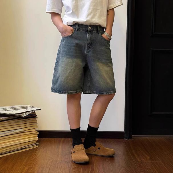 Men's Washed Vintage Denim Shorts Summer Lightweight Loose Fit High Street Casual Five-Pocket Cargo Shorts_mkmklike.com