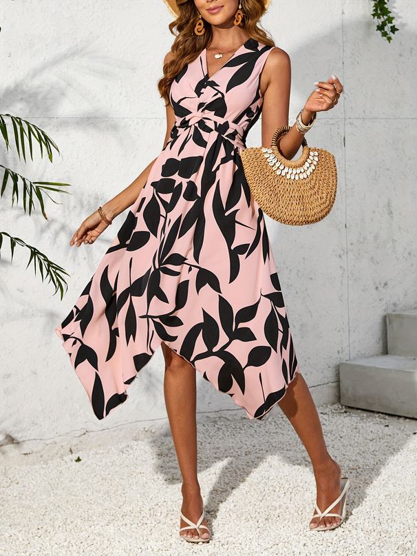 Women's Clothing Long sleeveless midi skirt leaf print twist irregular dress _mkmklike.com