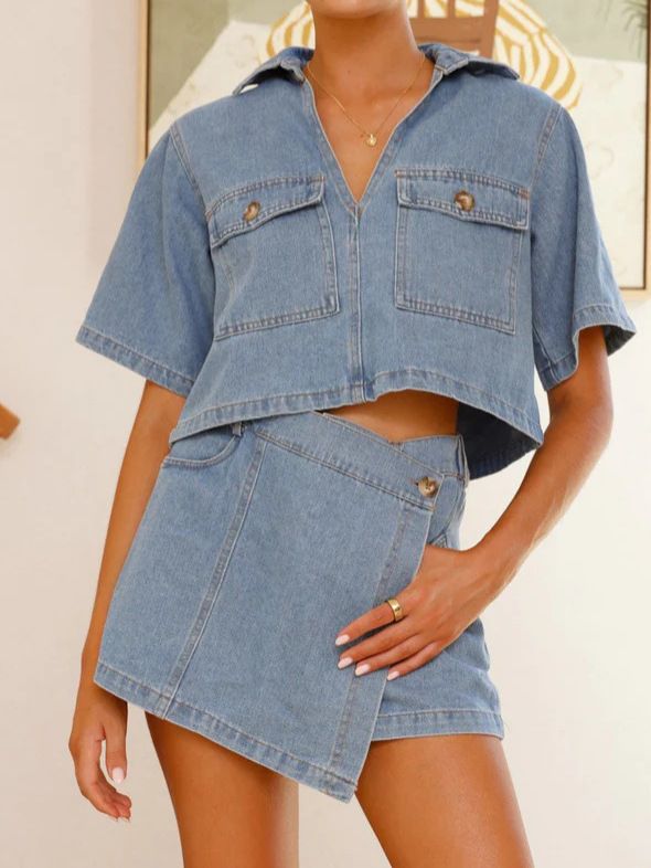Women's Clothing Women's Summer V Neck Short Sleeved Loose Irregular Denim Suit Short Skirt Pants 8936_mkmklike.com