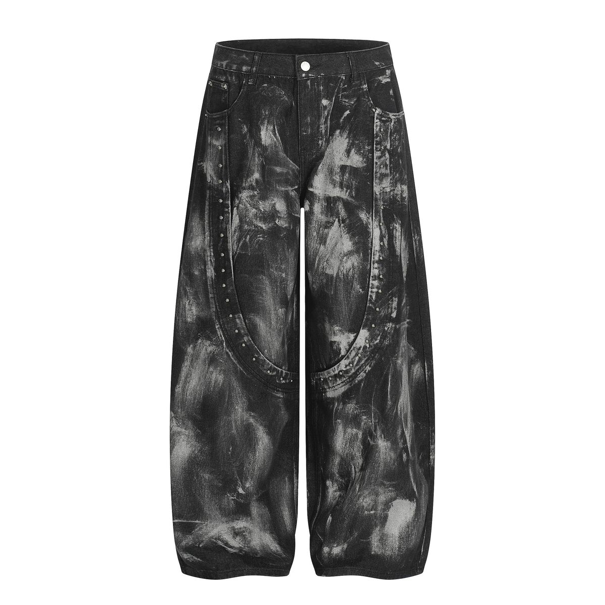 Jiayku Men's New Wind Scimitar Pants Dirty Dyed Washed Jeans Rivet Wide-leg Pants_mkmklike.com