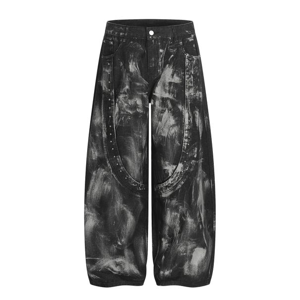 Jiayku Men's New Wind Scimitar Pants Dirty Dyed Washed Jeans Rivet Wide-leg Pants_mkmklike.com