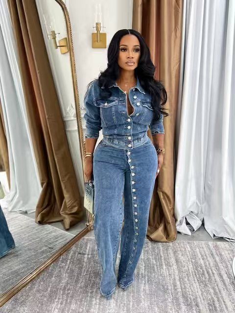 Women's Clothing Internet Celebrity Street Blasting Washed Blue Denim Two Piece Suit Pants Spring And Autumn New Women's Clothing_mkmklike.com