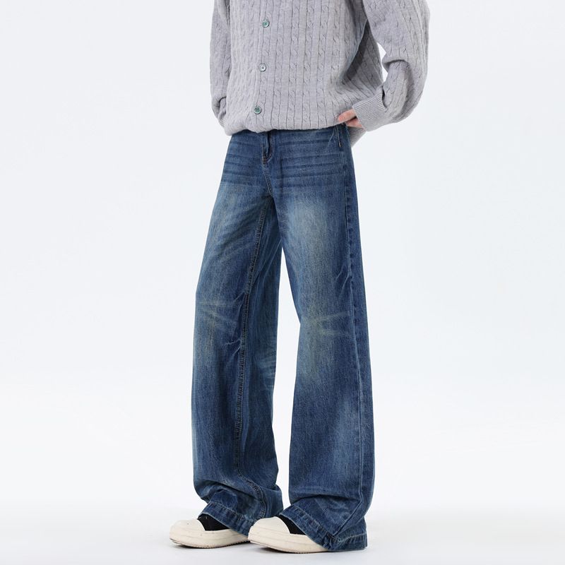 Vintage Washed Straight-Leg Jeans For Men – Relaxed Fit, Classic Blue Denim, Everyday Essential_mkmklike.com
