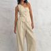 Women's Commuter Fashion Khaki Off-shoulder Cotton and Linen Vest Trousers Two-piece Set _mkmklike.com