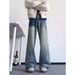 Retro Washed Distressed Patchwork Jeans For Men Loose Straight Wide Leg Trendy Floor Length High Street Style_mkmklike.com