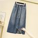 Women's clothing new large size drawstring elastic waist split denim skirt women spring and summer high waist slim a-line mid-length skirt_mkmklike.com