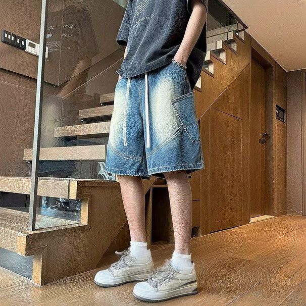 Men's Clothing Temperament Casual Loose Fit Denim Shorts - Harajuku Style Mid-Length Jeans For Streetwear & Urban Fashion (Dark Blue, Light Blue)_mkmklike.com