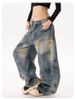 Men's High Street Distressed Patchwork Wide Leg Jeans | Vintage Graffiti Design | Loose Fit Retro Denim Pants_mkmklike.com
