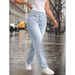 Women's Casual Light Blue Washed Overlap Waist Loose Straight Leg Jeans Denim Pants_mkmklike.com