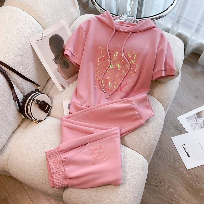 Women's Clothing Pink sports suit for women summer 2023 new high-end fashion versatile loose short-sleeved two-piece suit_mkmklike.com