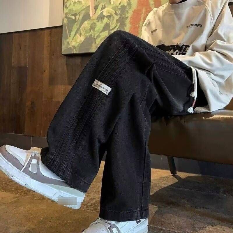 Men's Striped Fleece-Lined Jeans – Oversized Straight Leg Denim Pants With Vintage Wash (M-3XL, Mid-Rise Relaxed Fit)_mkmklike.com