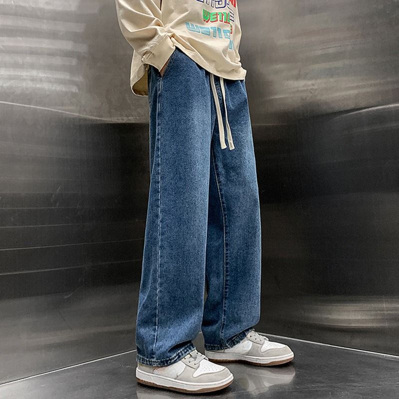 Men's American Style Minimalist Washed Drawstring Jeans Trendy High Street Loose Straight Leg Cotton Pants For Teenagers Spring_mkmklike.com