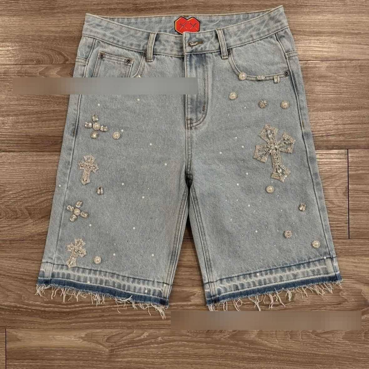 Men's Rhinestone Cross Design Denim Shorts, Retro Hip Hop Streetwear Mid-Thigh Cargo Shorts For Summer, Stretch Polyester Casual Shorts_mkmklike.com