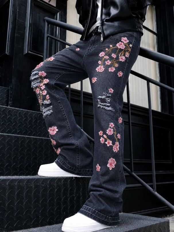 Vintage Washed Distressed 3D Print Jeans - Unisex Baggy Streetwear Denim Pants With Artistic Rips & Wide Leg For Casual Outfits_mkmklike.com