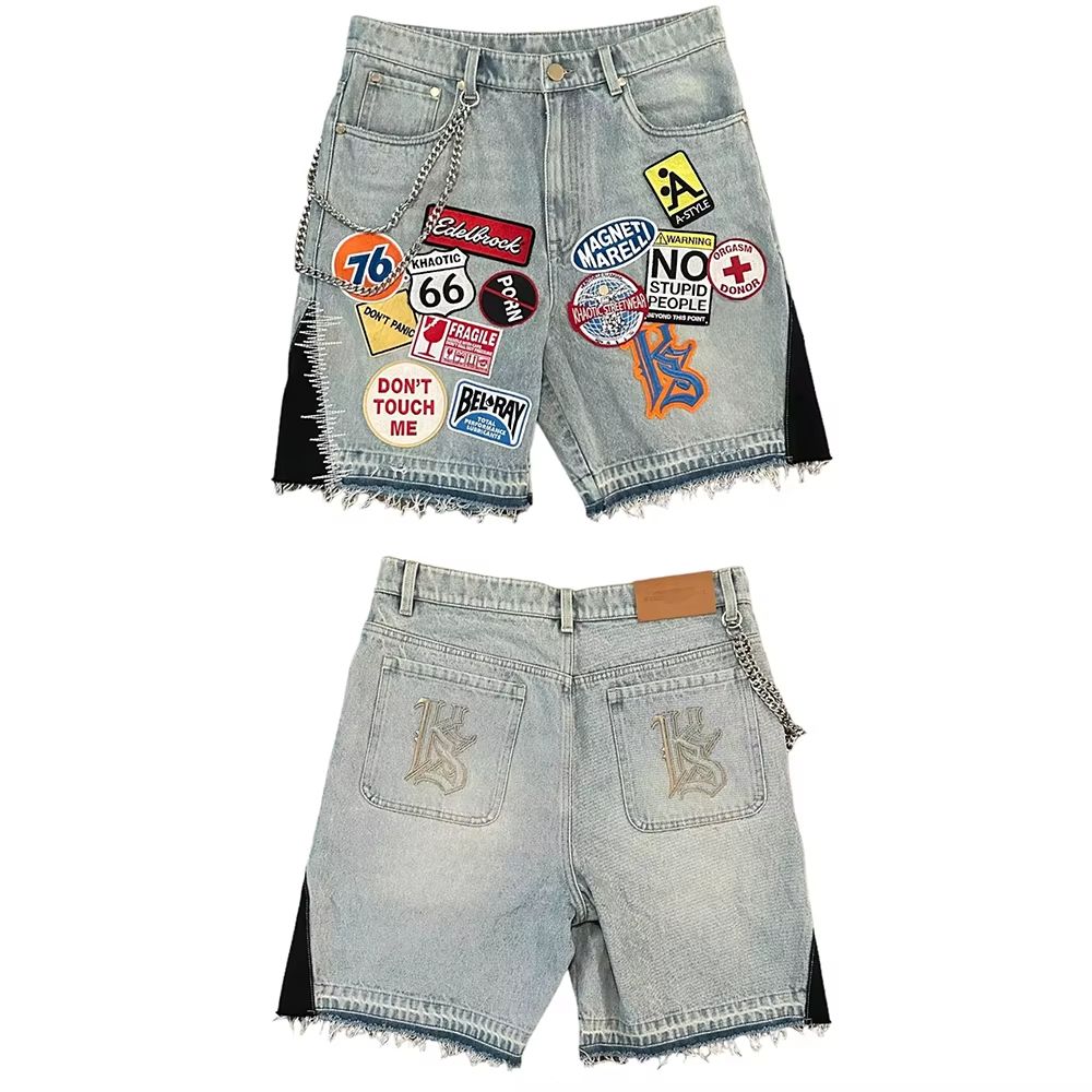 American Patchwork Denim Shorts Y2K Jeans Men Hip Hop Cartoon Pattern Embroidery Retro Blue Loose Denim Fitness Casual Shorts_mkmklike.com