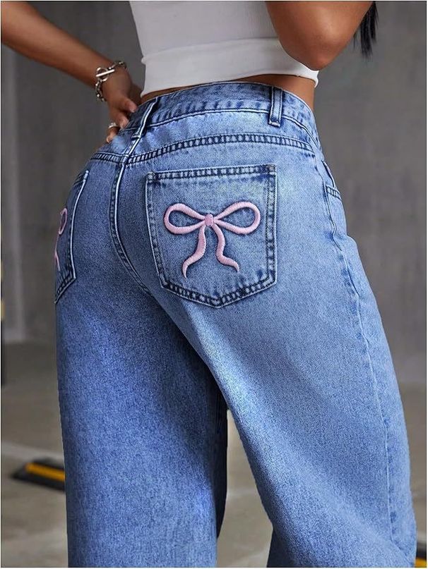 SHEIN Bowknot Embroidered Jeans For Women Y2K Straight Loose Long Pants High Waist Slimming_mkmklike.com