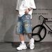Men's Clothing Men's Trendy Loose Wide Leg Denim Shorts Graffiti Design High Street Style Five Point Pants Mid Length Straight Leg_mkmklike.com