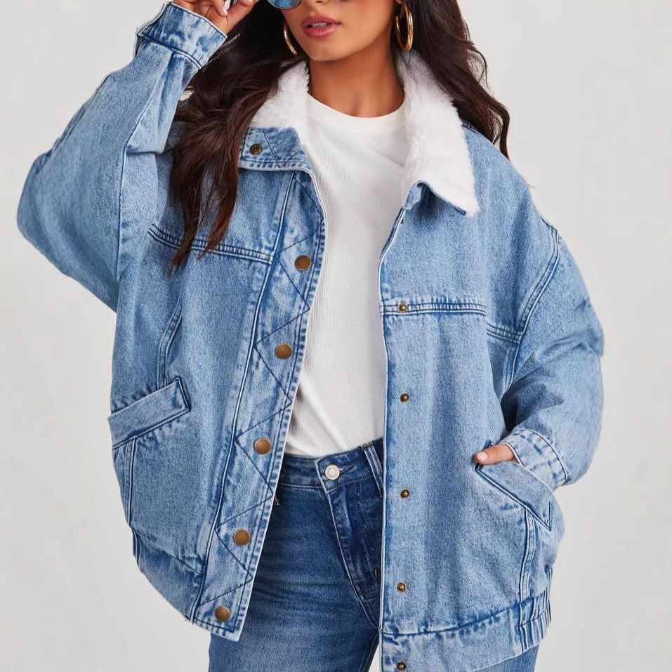 "Women's Sherpa-Lined Denim Jacket – Detachable Faux Fur Collar Trucker Coat (S-2XL, Light Blue)"_mkmklike.com