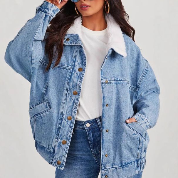 "Women's Sherpa-Lined Denim Jacket – Detachable Faux Fur Collar Trucker Coat (S-2XL, Light Blue)"_mkmklike.com
