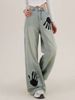 Spring And Autumn New American Street Style Palm Print Loose Floor-Length Jeans For Women Trendy_mkmklike.com
