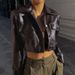European American Hot Girl Motorcycle With Turn-down Collar And Button Closure, Women's Autumn Sexy Crop Top, Street_mkmklike.com