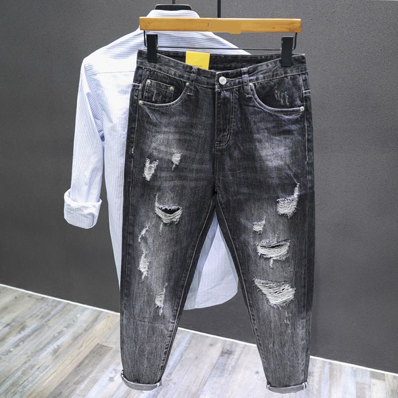 Men's Clothing Cut Label Clearance Special Price Trendy Casual Hole Nine Point Beggar Jeans Men Autumn_mkmklike.com