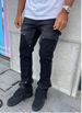 Men’s American Streetwear Cargo Jeans – Black Washed Relaxed Straight-Leg Workwear Pants With Patchwork Design_mkmklike.com