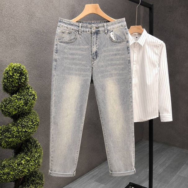 Light Blue Stretch Denim Jeans For Men Slim Fit Cropped Length Fashionable Spring Autumn Wear_mkmklike.com
