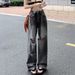 Women's Smoky Gray Wide-leg Long Pants, Summer High-waisted Straight Ripped Jeans, Loose And Slimming, Vintage_mkmklike.com