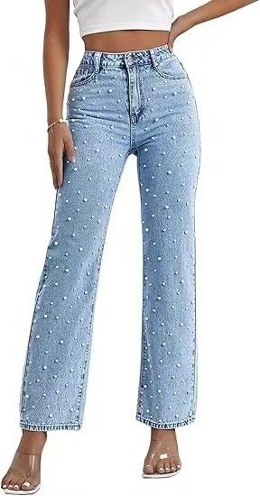 Women's Beaded Washed Denim Jeans Straight Leg Long Pants Relaxed Everyday Wear Versatile Comfortable Feshion Trend_mkmklike.com