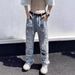 Men's Clothing Washed Pants Knee Hole Jeans Men Hip Hop High Street Casual Beggar Loose Straight Versatile Trousers_mkmklike.com