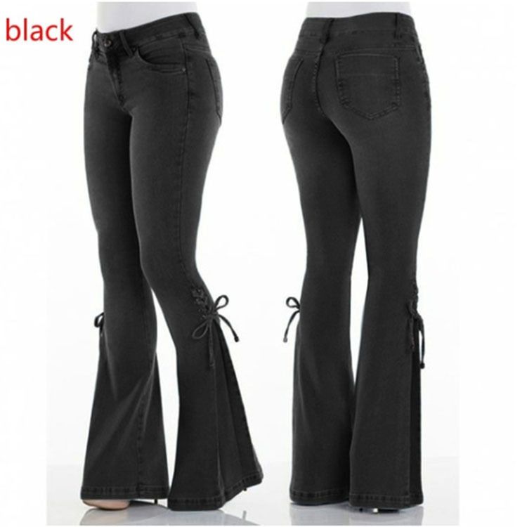 K Jeans Mid Waist Lace Up Denim Pants Stretch Jeans Women's Flared Pants_mkmklike.com