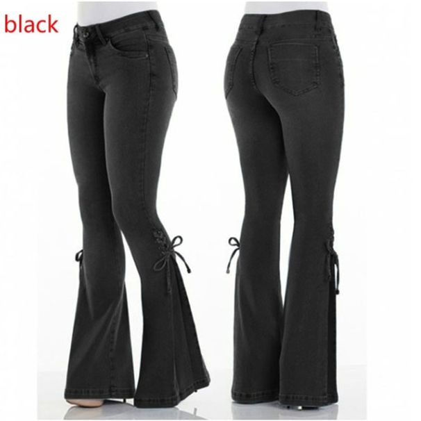 K Jeans Mid Waist Lace Up Denim Pants Stretch Jeans Women's Flared Pants_mkmklike.com