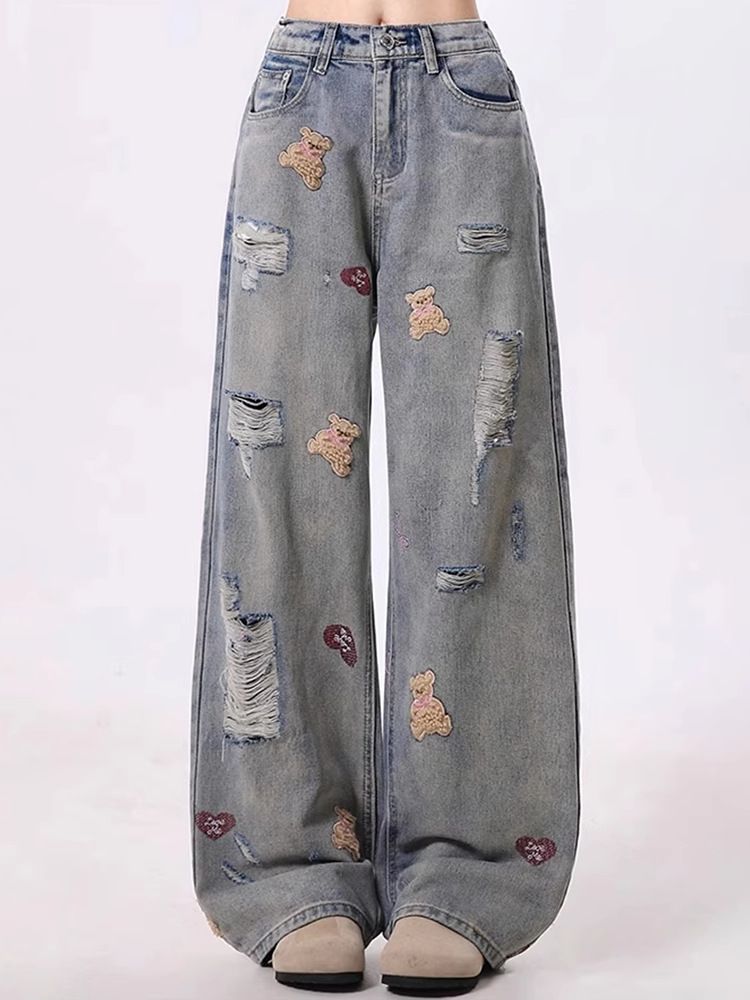 Women's Clothing High Waist Ripped Jeans Wide Leg Design Embroidered Bear Detail Spring Autumn Fashion Casual Denim_mkmklike.com
