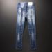 Distressed Embroidered Slim Fit Men's Jeans - Vintage Washed Denim Pants With Handmade Rips Tching, Straight Leg Comfort Stretch For Casual Wear_mkmklike.com