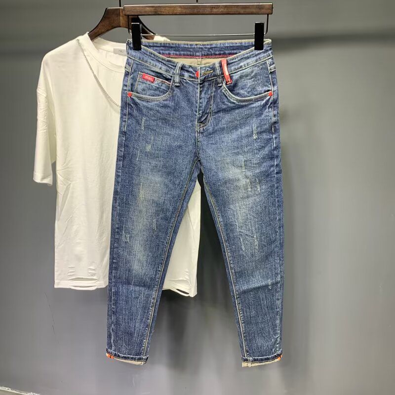 Men's Slim Fit Washed Denim Jeans – Korean Style Stretchable Tapered Ankle-Length Pants (28-36) | Trendy & Versatile_mkmklike.com