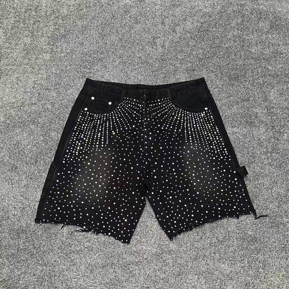 Men's Rhinestone-Studded Denim Shorts – Loose Fit Hip-Hop Cargo Pants With Patchwork Pockets (S-XL, Black/Blue, Non-Stretch Cotton)_mkmklike.com