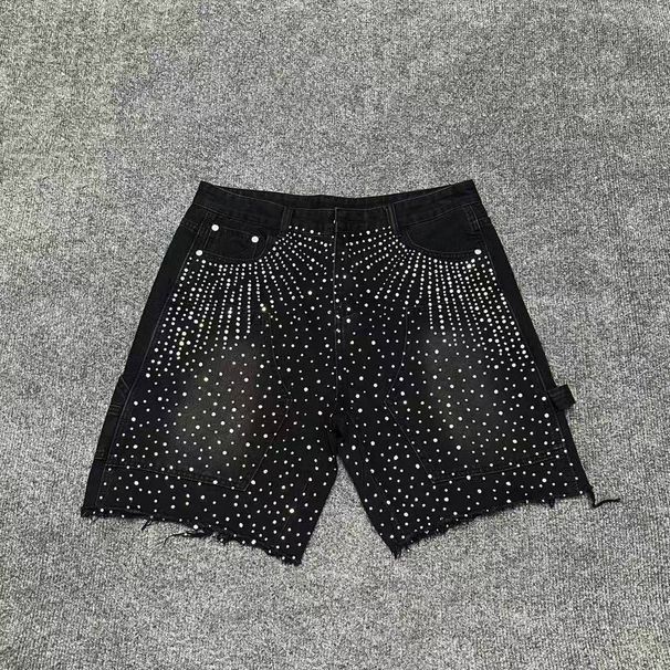 Men's Rhinestone-Studded Denim Shorts – Loose Fit Hip-Hop Cargo Pants With Patchwork Pockets (S-XL, Black/Blue, Non-Stretch Cotton)_mkmklike.com