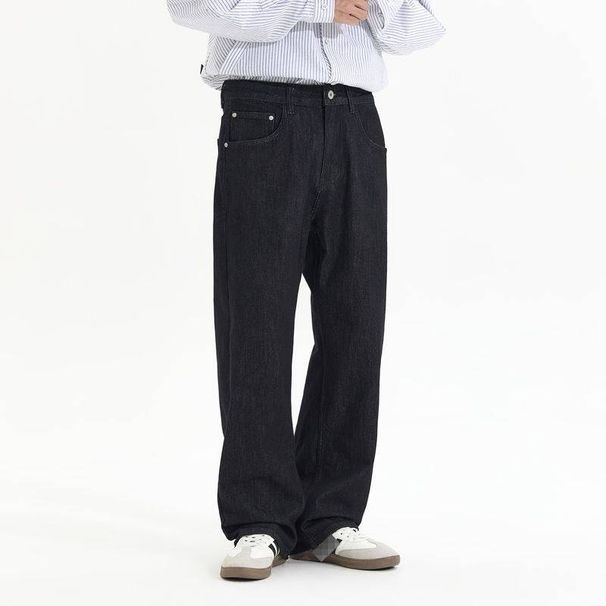 Men's Relaxed Fit Washed Denim Jeans – Classic Straight-Leg Black-Blue Vintage Trousers (75% Cotton, Non-Stretch, Wrinkle-Resistant)_mkmklike.com