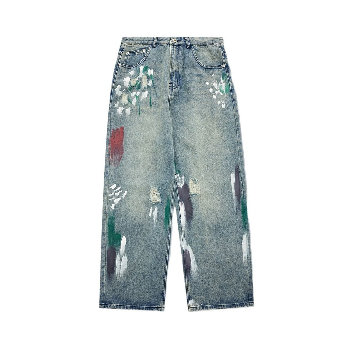 Men's Graffiti Colorblock Straight Jeans – Streetwear Wide Leg Denim Pants (S-XL, Old Blue & Black)_mkmklike.com