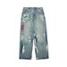 Men's Graffiti Colorblock Straight Jeans – Streetwear Wide Leg Denim Pants (S-XL, Old Blue & Black)_mkmklike.com