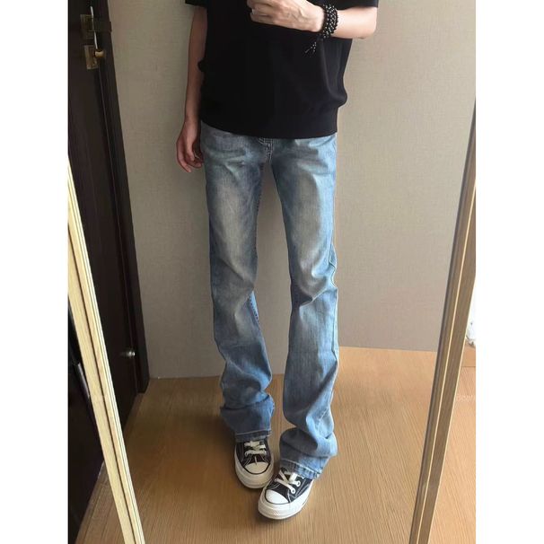 Men's Clothing New Spring/Autumn American High Street Style Curved Knife Jeans For Men, High Waisted, Slim Fit, Straight Leg, Slightly Flared,_mkmklike.com