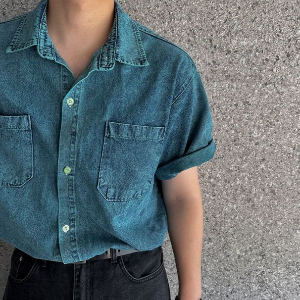 Vintage Denim Short Sleeve Shirt For Men - Casual Loose Fit Retro Style Summer Top With Button Front_mkmklike.com