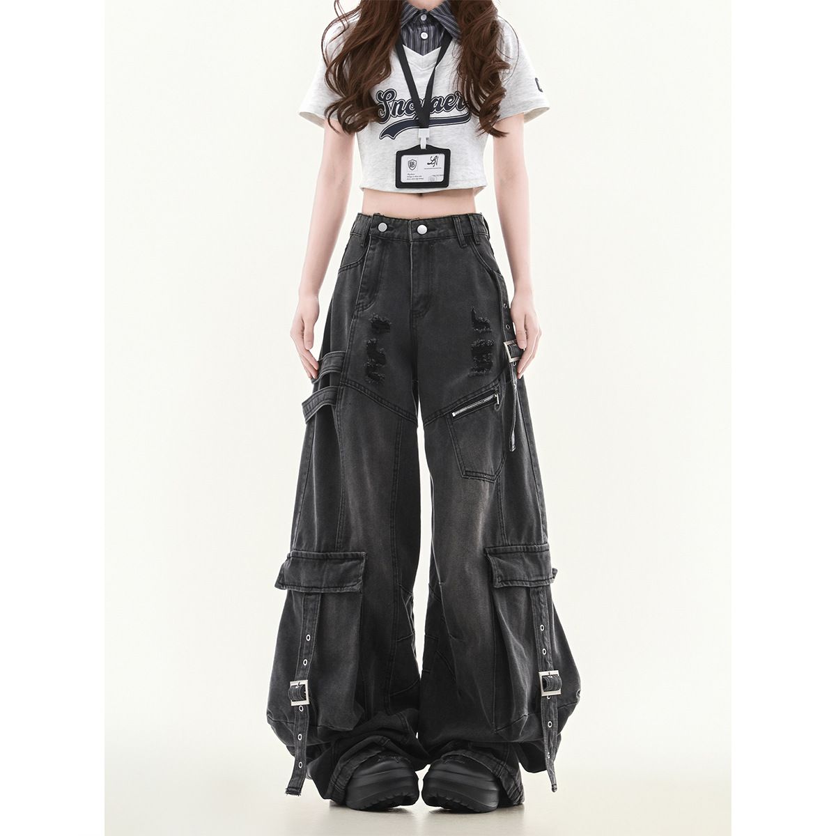 Unisex Cargo Denim Pants With Multi-Pocket & Distressed Details, Loose Fit Wide Leg Jeans For Streetwear Style_mkmklike.com