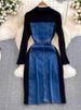 Women's Clothing Temperament Long Sleeve V Neck Waist Slim Denim Patchwork Medium And Long Hip Dress_mkmklike.com