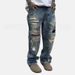 Vintage Distressed Jeans For Men & Women - Washed Denim Pants With Splatter Paint Design, Straight Leg, Stacked, Oversized Fit, Hip Hop Streetwear_mkmklike.com