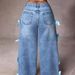 Women's Clothing Street Hot Girl Bow Collage Washed Jeans Straight Trousers_mkmklike.com