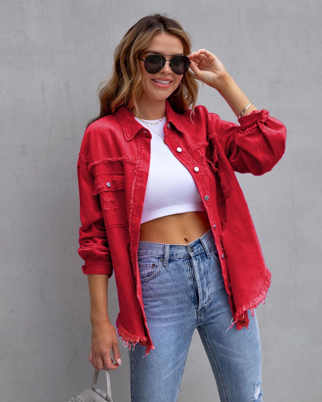 Distressed Denim Jacket Women's Fashion Vintage Streetwear Oversized Collar Coat Casual Loose Fit Long Sleeve_mkmklike.com