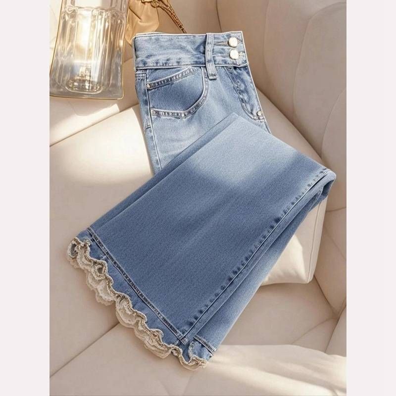 Women's Clothing Blue Denim Wide Leg Pants Thickened High Waist Slim Straight Casual Long Pants_mkmklike.com